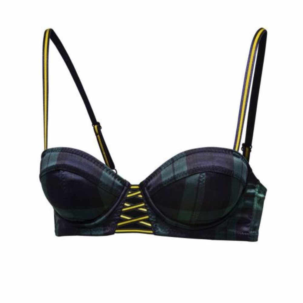 PUMA X FENTY BY RHIANNA PRINTED PLAID UNDERWIRE PUSH-UP BRA NAVY COMBO SIZE M